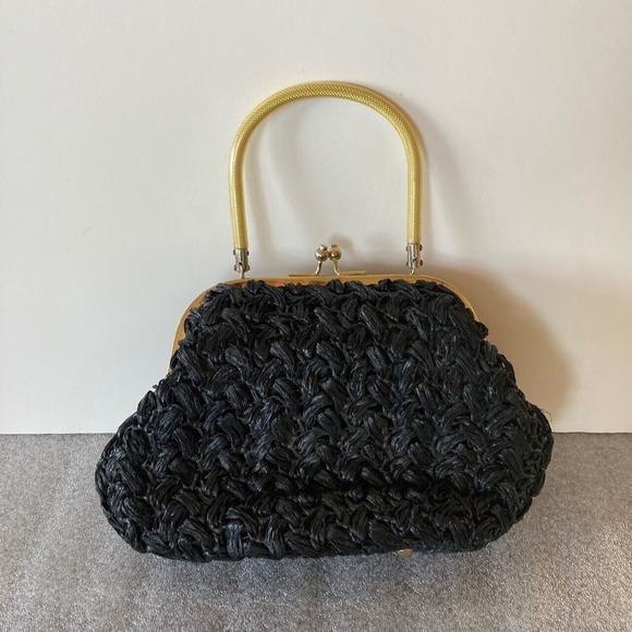 Vtg 60s Gaymode Woven Black Plastic Straw Purse Retro Hand Bag Footed Japan - Picture 2 of 8